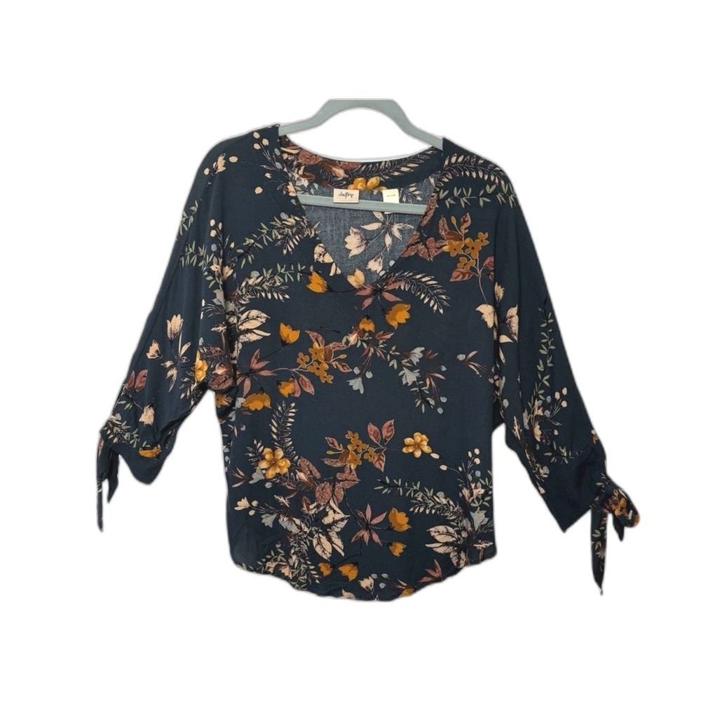 Daytrip‎ Buckle Teal Floral Boho Blouse Tie Sleeve V Neck S